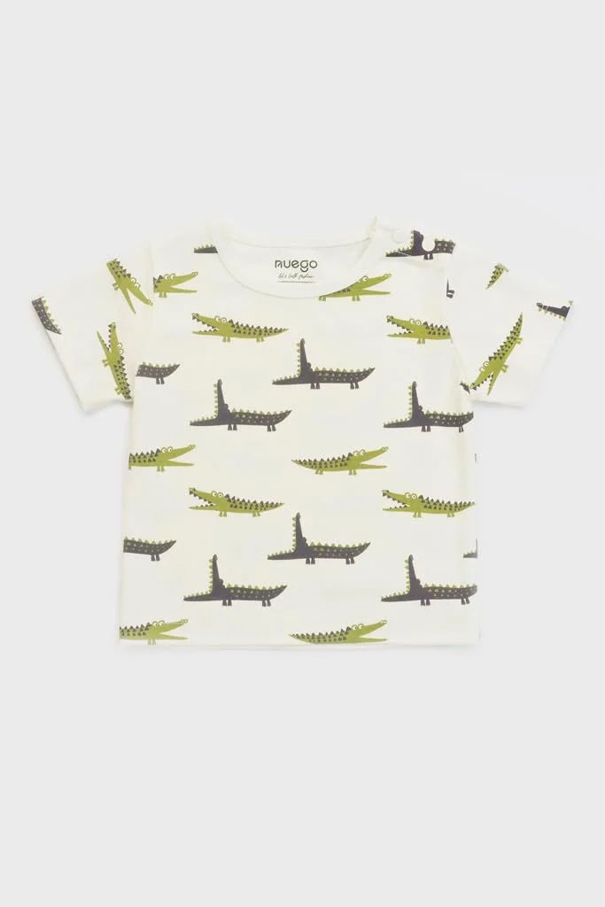 ست لباس پسرانه نوزادی طرح حیوانات نئوگو، تیشرت آستین کوتاه یقه گرد و شلوارک، مناسب کودکان 0-24 ماه (سفید، سبز)