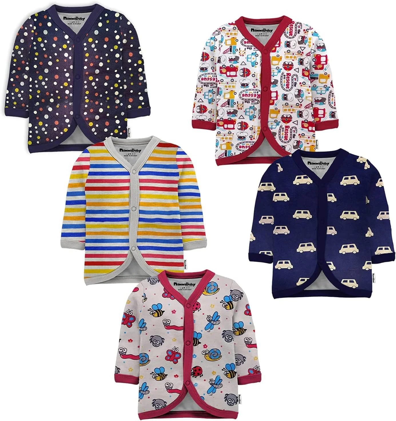 تی‌شرت نوزادی نوزاد پسرانه و دخترانه NammaBaby، نخی، جلو باز، آستین بلند، ژیله - ست تی‌شرت 5 عددی برای نوزادان پسر و دختر، چند رنگ - متنوع