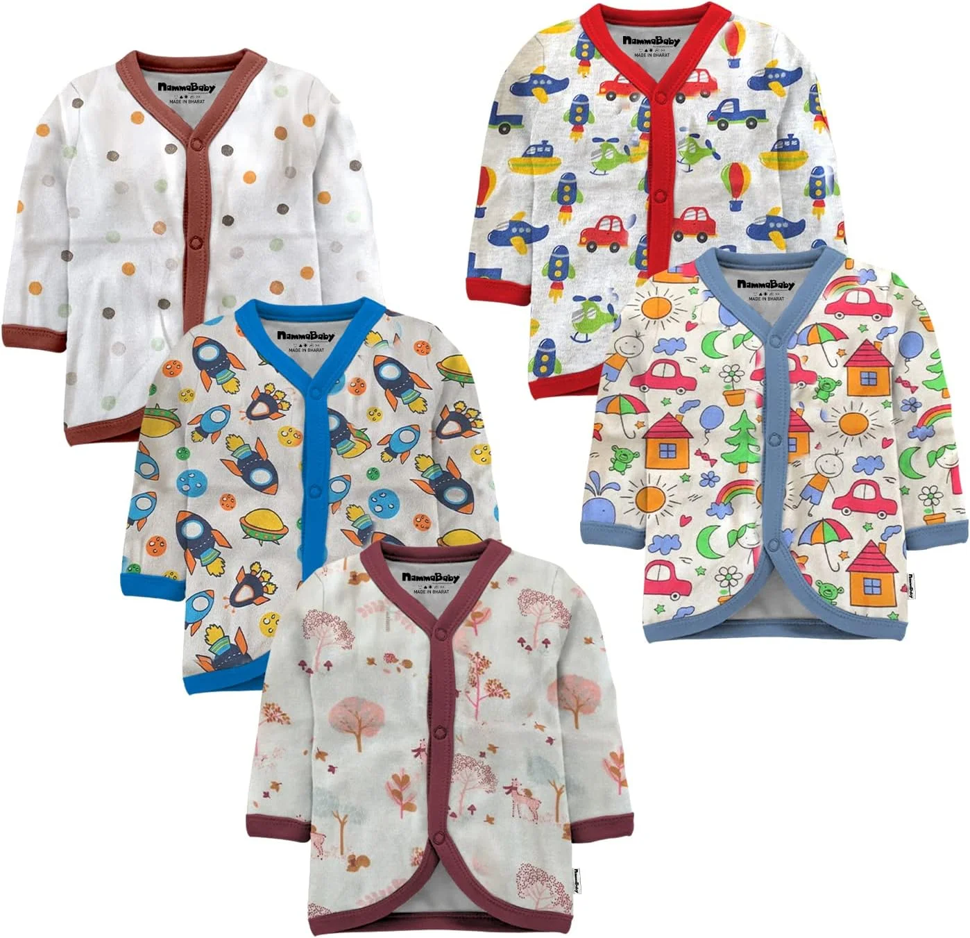 تی‌شرت نوزادی نوزاد پسرانه و دخترانه NammaBaby، نخی، جلو باز، آستین بلند، ژیله - ست تی‌شرت 5 عددی برای نوزادان پسر و دختر، چند رنگ - متنوع