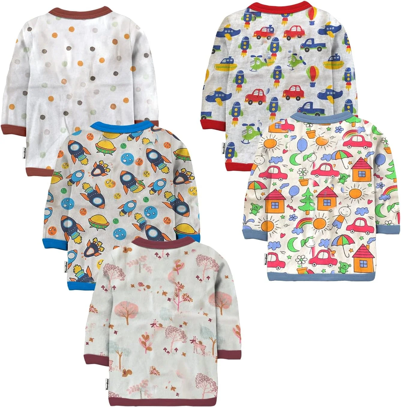 تی‌شرت نوزادی نوزاد پسرانه و دخترانه NammaBaby، نخی، جلو باز، آستین بلند، ژیله - ست تی‌شرت 5 عددی برای نوزادان پسر و دختر، چند رنگ - متنوع