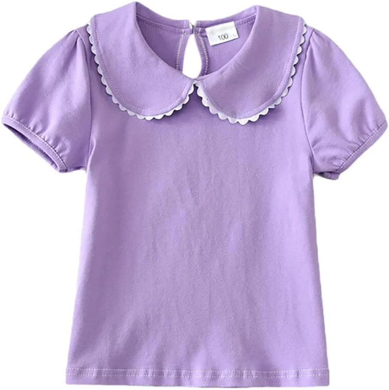 تی شرت آستین کوتاه دخترانه با رنگ ثابت و یقه عروسکی مناسب فصل تابستان