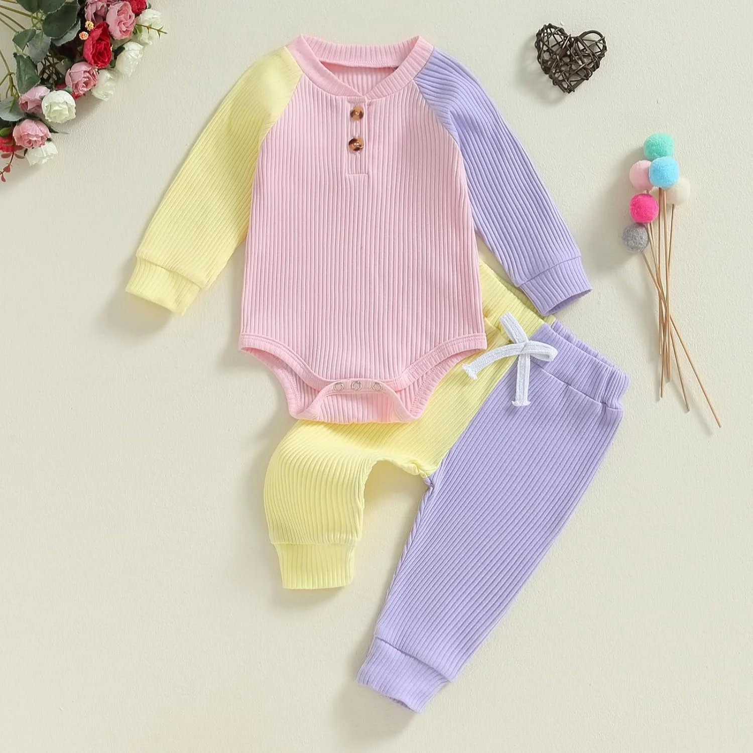 ست لباس پاییز و زمستان نوزاد دخترانه و پسرانه، رامپر آستین بلند کبریتی با رنگ متضاد، بلوز و شلوار کمر کش دار، ست 2 تکه