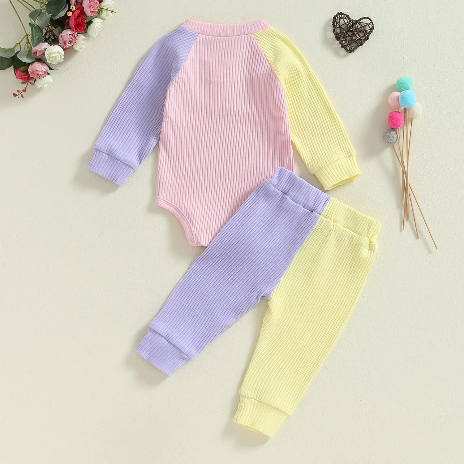 ست لباس پاییز و زمستان نوزاد دخترانه و پسرانه، رامپر آستین بلند کبریتی با رنگ متضاد، بلوز و شلوار کمر کش دار، ست 2 تکه