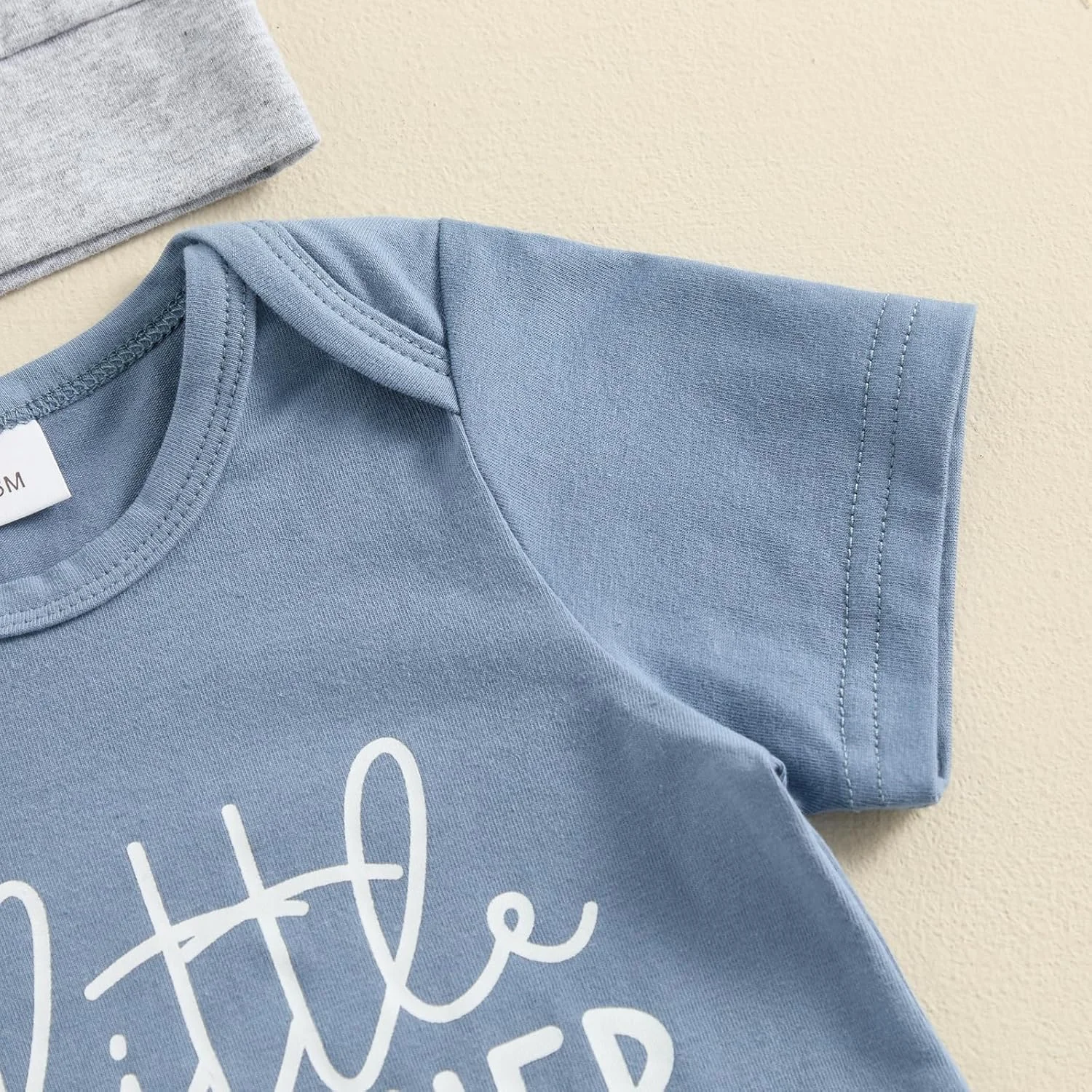 لباس نوزادی پسرانه، تیشرت و رامپر طرح برادر کوچک، ست شلوار بلند و کلاه، لباس تابستانی نوزاد