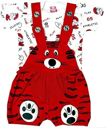 ست لباس نوزادی پسرانه/دخترانه، نیم آستین، پیشبندی جین با تیشرت نخی نرم و لطیف (سایز: 3-6 ماه)