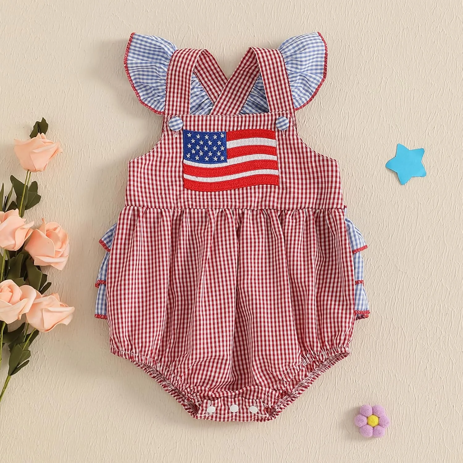 لباس نوزادی دخترانه طرح چهارم جولای، رامپر حباب‌دار، بادی چهارخانه، تی‌شرت، لباس‌های میهن‌پرستانه روز یادبود