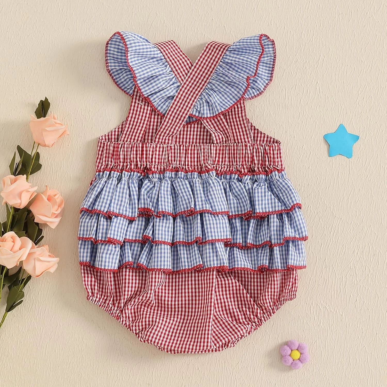 لباس نوزادی دخترانه طرح چهارم جولای، رامپر حباب‌دار، بادی چهارخانه، تی‌شرت، لباس‌های میهن‌پرستانه روز یادبود