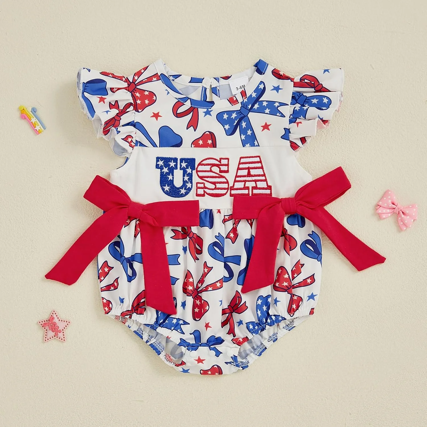 لباس نوزادی دخترانه با طرح روز استقلال آمریکا، رامپر حباب دار نوزادی، بادی روز یادبود، لباس های میهنی