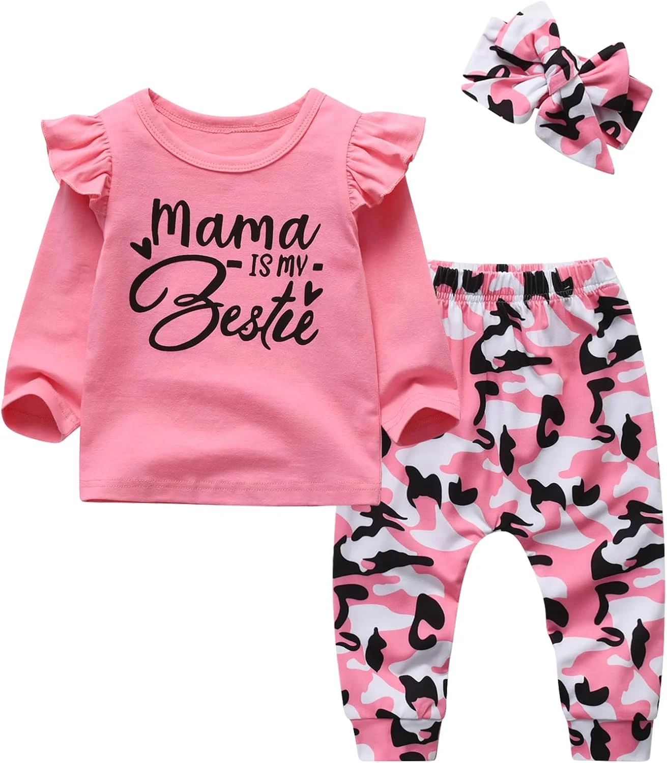 ست لباس ۳ تکه دخترانه شامل تیشرت آستین بلند، شلوار طرح گل و تل مو