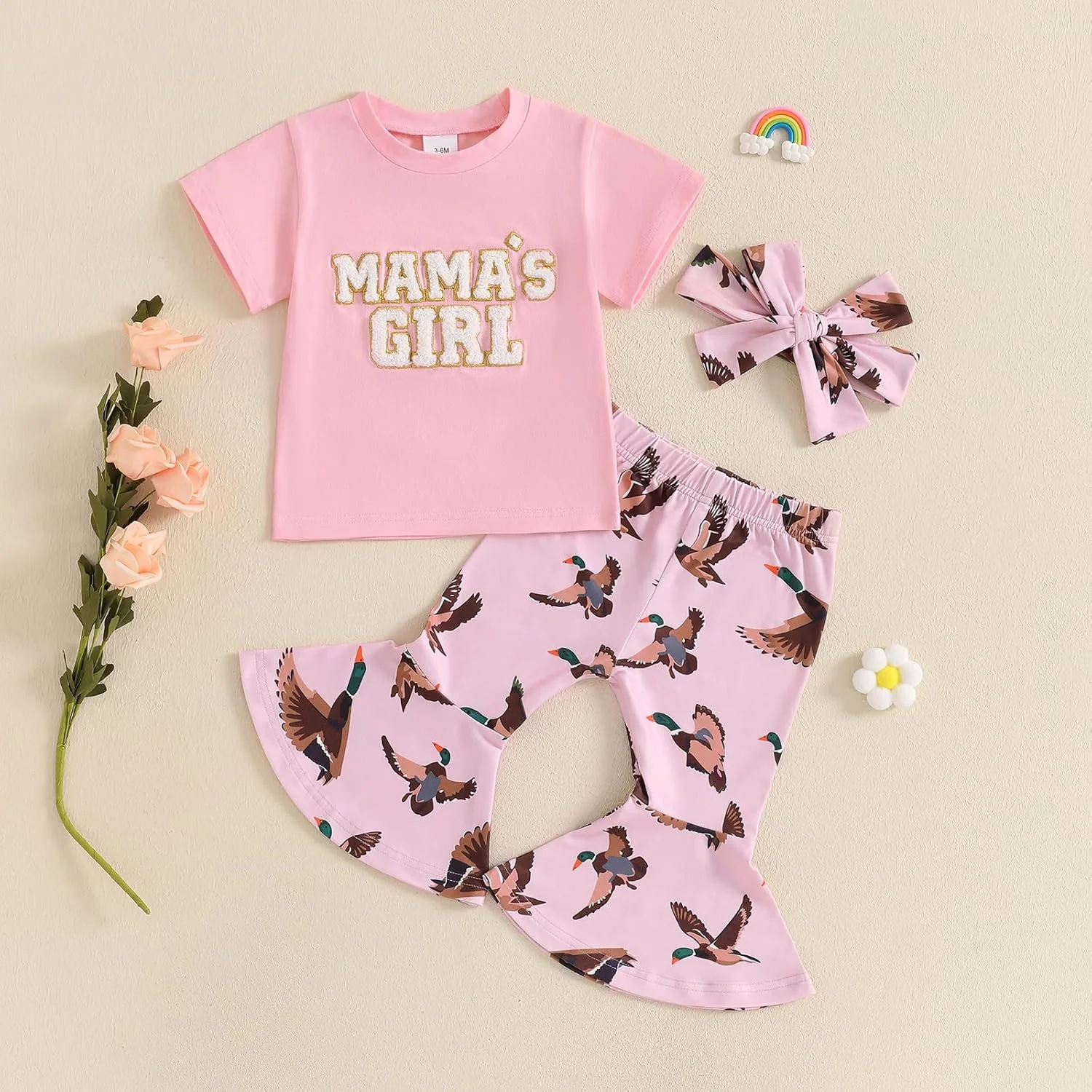 لباس تابستانی دخترانه Gaono، تی شرت گلدوزی شده با طرح دختر بچه و شلوار دمپا گشاد اردک مالارد، ست لباس زیبا