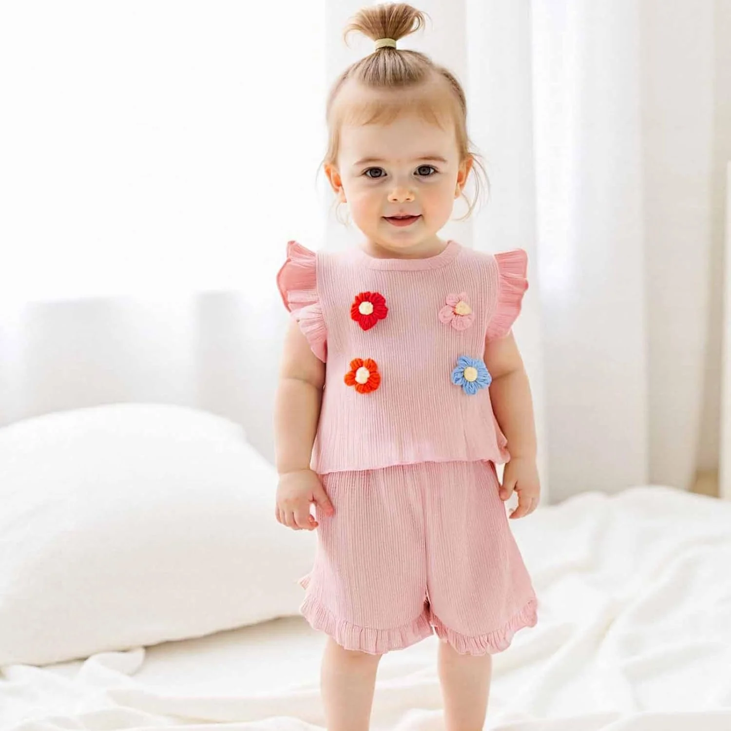 ست شورت دخترانه MA&BABY، تاپ بدون آستین با گل سه بعدی و شورت، لباس تابستانی دو تکه