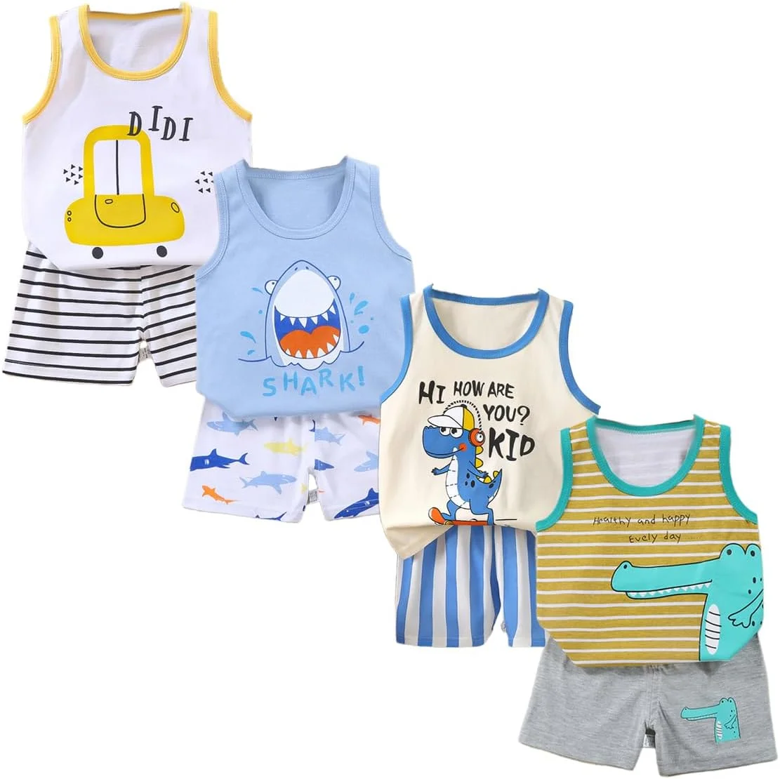 XM-Amigo بسته 8 عددی تی‌شرت بدون آستین پسرانه یا نوزادی، تاپ، شورت، ست لباس، مناسب سنین (6 ماه - 5 سال)