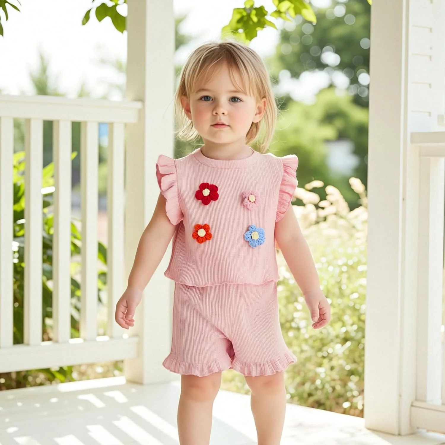 ست شورت دخترانه MA&BABY، تاپ بدون آستین با گل سه بعدی و شورت، لباس تابستانی دو تکه