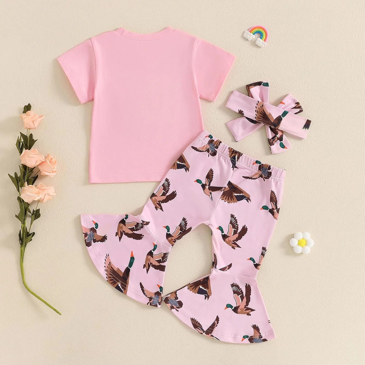 لباس تابستانی دخترانه Gaono، تی شرت گلدوزی شده با طرح دختر بچه و شلوار دمپا گشاد اردک مالارد، ست لباس زیبا