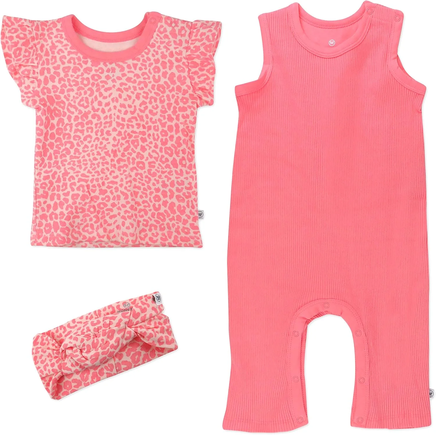 ست رامپر آستین حلقه ای دنده ای پنبه ارگانیک نوزادی دخترانه، تیشرت و هدبند نوزاد و کودک نوپا (بسته 3 عددی)