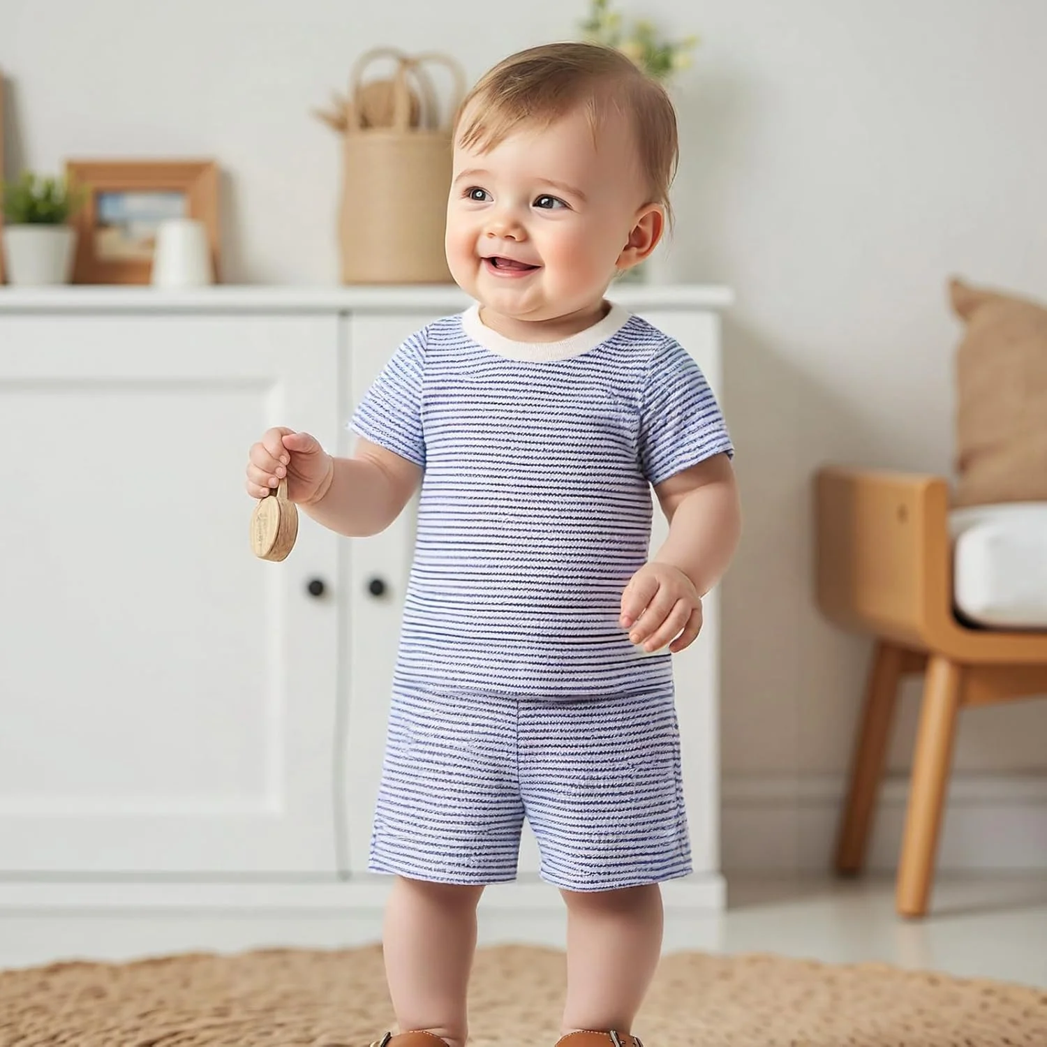 ست تی‌شرت راه‌راه و شلوارک تابستانی نوزاد دختر و پسر، شلوارک‌های غیررسمی رنگ ثابت، ست بافتنی وافل خنثی 2 تکه