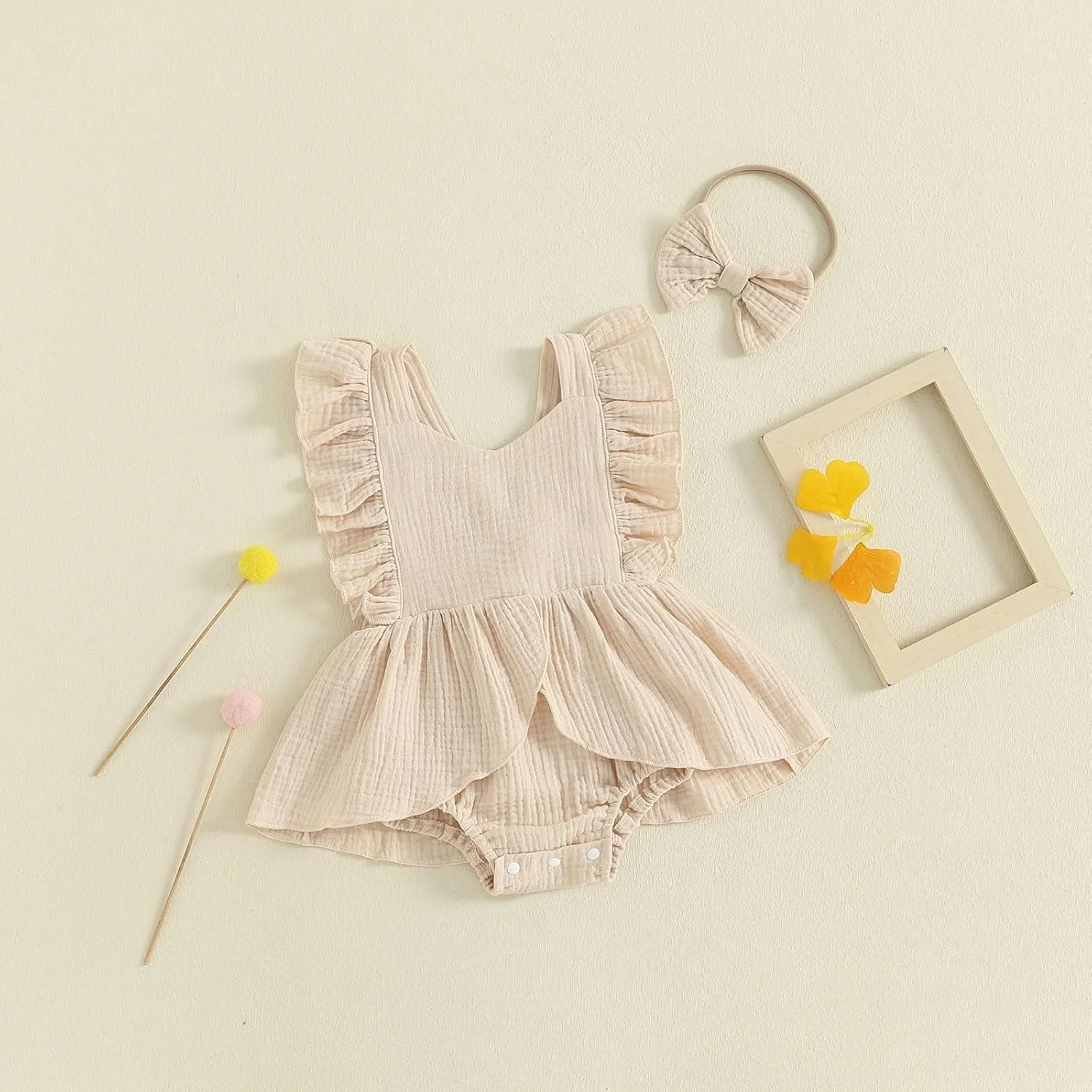 رامپر نوزادی دخترانه Douhoow، بادی چین‌دار، سرهمی یک تکه، لباس پنبه‌ای و کتانی