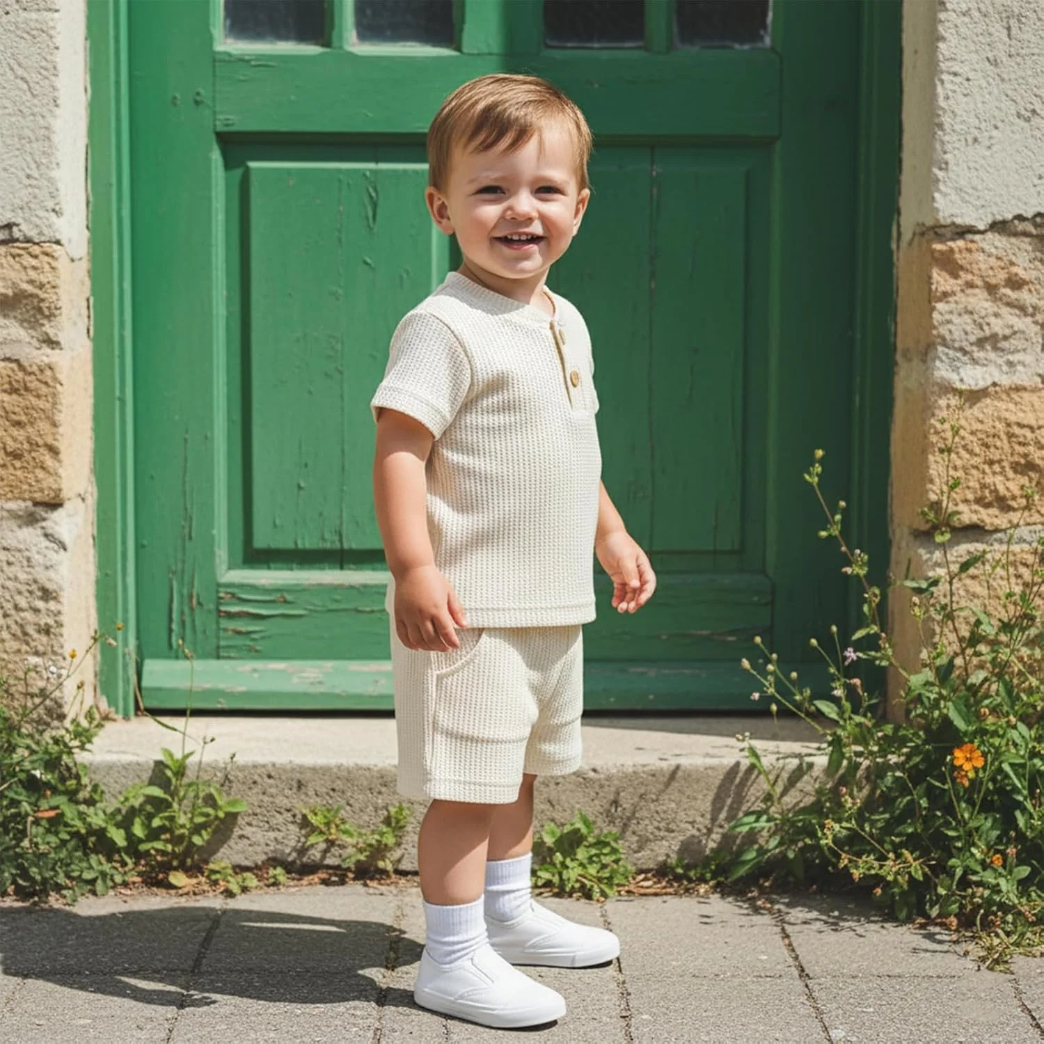 ست تی‌شرت دکمه‌دار آستین کوتاه و شلوارک کتان ساده تابستانی دخترانه و پسرانه