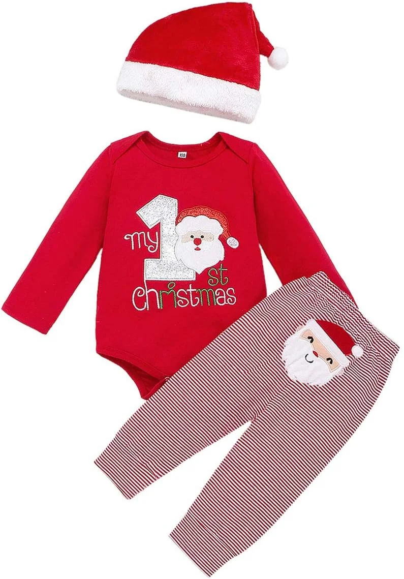 لباس کریسمس نوزادی پسرانه دخترانه، سرهمی، شلوار و کلاه کریسمس 3 تکه