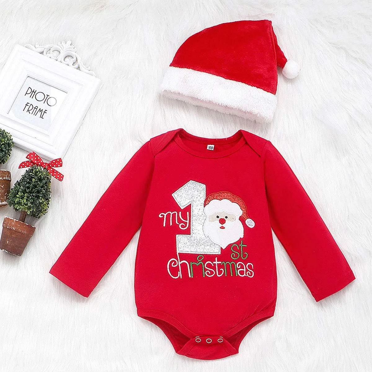 لباس کریسمس نوزادی پسرانه دخترانه، سرهمی، شلوار و کلاه کریسمس 3 تکه