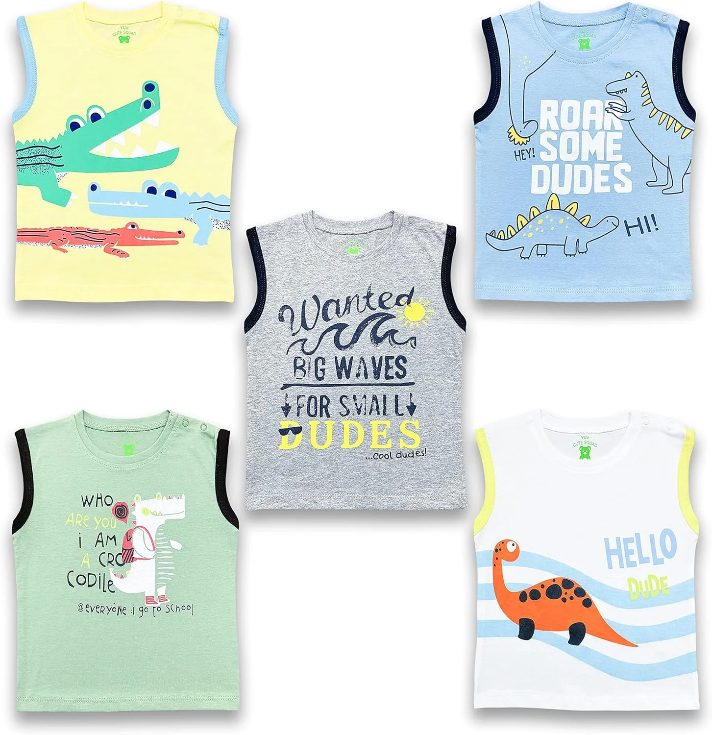 تی شرت پسرانه و دخترانه نوزادی YUV (ست 5 عددی) (BOYS-RN-INF-5C005-12-18_زرد، سفید، لیمویی، طوسی روشن ملانژ و سبز_12-18 ماه)