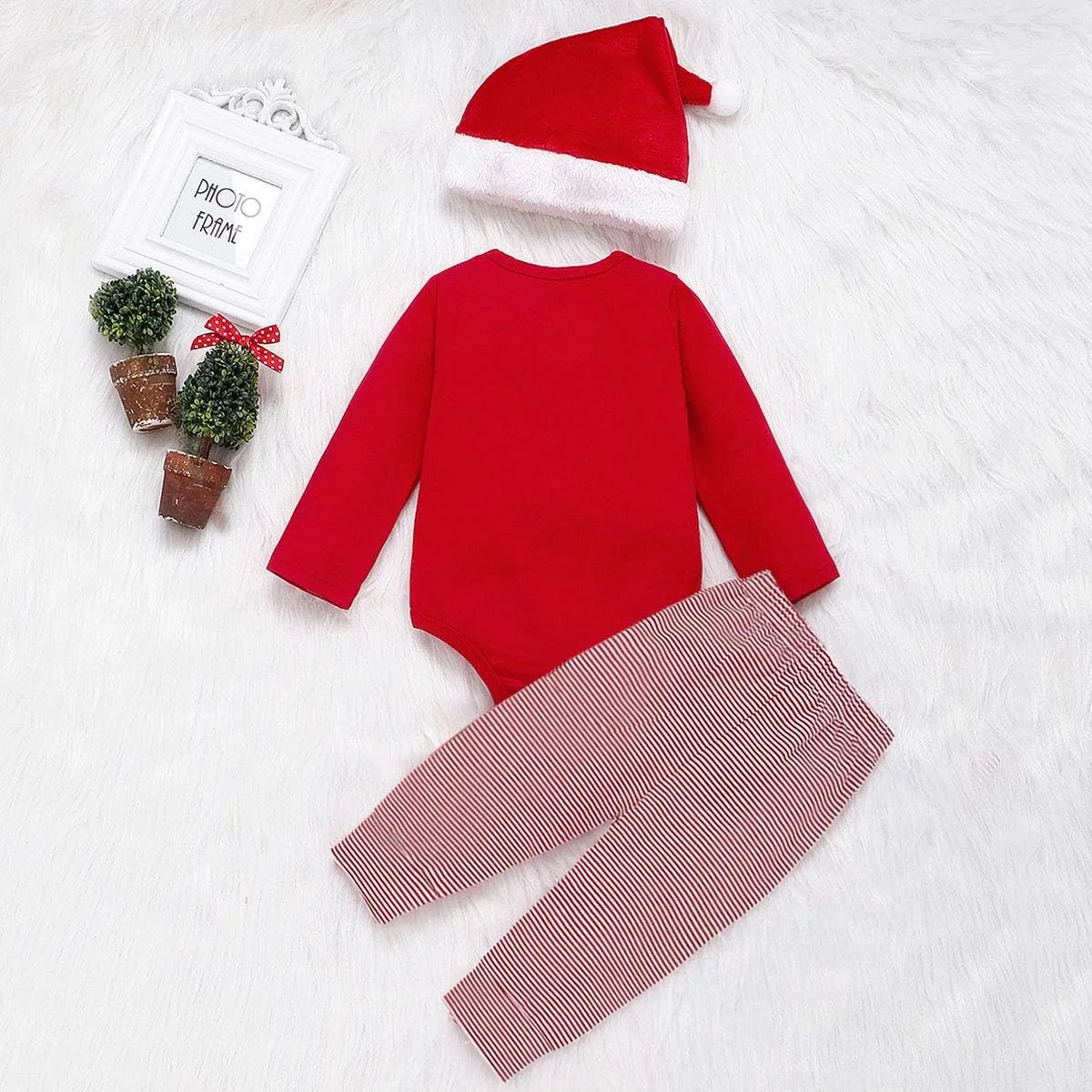 لباس کریسمس نوزادی پسرانه دخترانه، سرهمی، شلوار و کلاه کریسمس 3 تکه