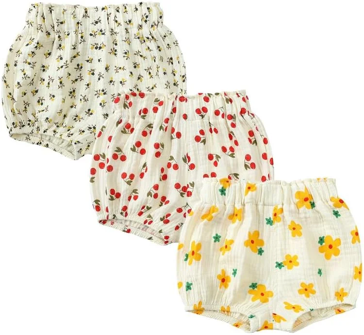 شورت نخی بچه گانه، نرم و راحت، 3 عددی، طرح گلدار، شلوارک کدو تنبلی تابستانی، شورت زیرپوش برای 0-6 سال