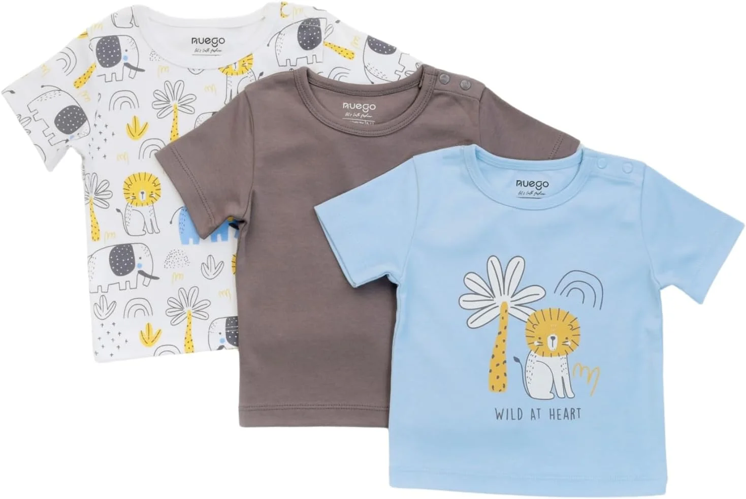 ست سه تایی تی‌شرت نوزادی پسرانه نئوگو، آستین کوتاه، یقه گرد، طرح حیوانات، مناسب نوزادان 0 تا 24 ماه (سفید، قهوه‌ای، آبی روشن)