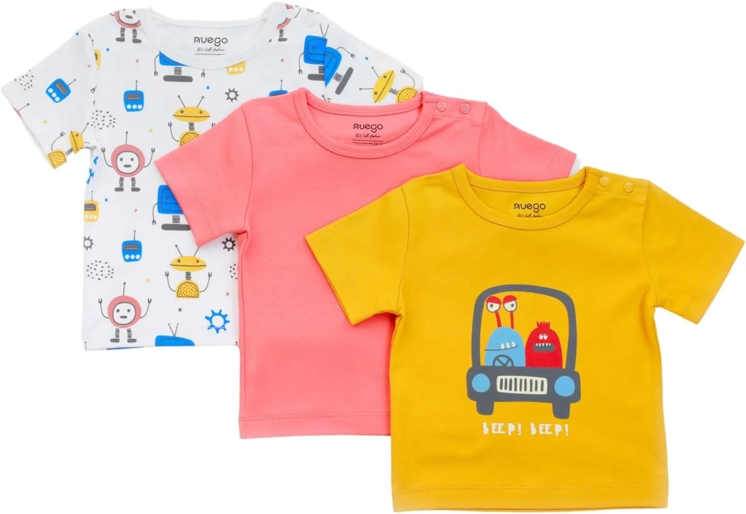 ست تی‌شرت نوزادی پسرانه Nuego، آستین کوتاه، مدل معمولی یقه گرد، تی‌شرت‌های طرح‌دار غیررسمی برای نوزاد پسر 0-24 ماه (سفید، صورتی، زرد) - ست 3 عددی