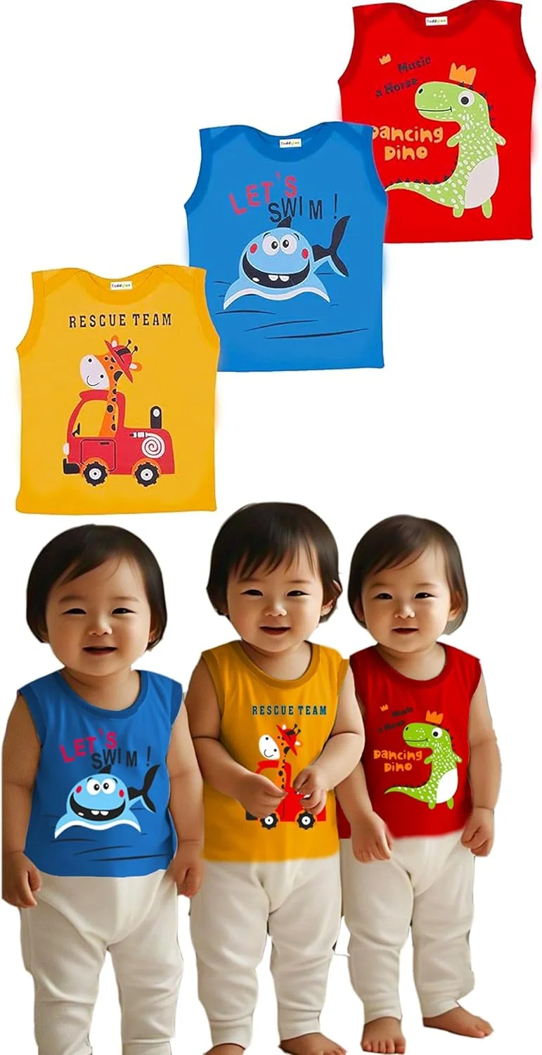 تی‌شرت‌های نخی آستین‌حلقه‌ای پسرانه و دخترانه تودایلون، بسته 3 عددی (6 تا 12 ماهگی)
