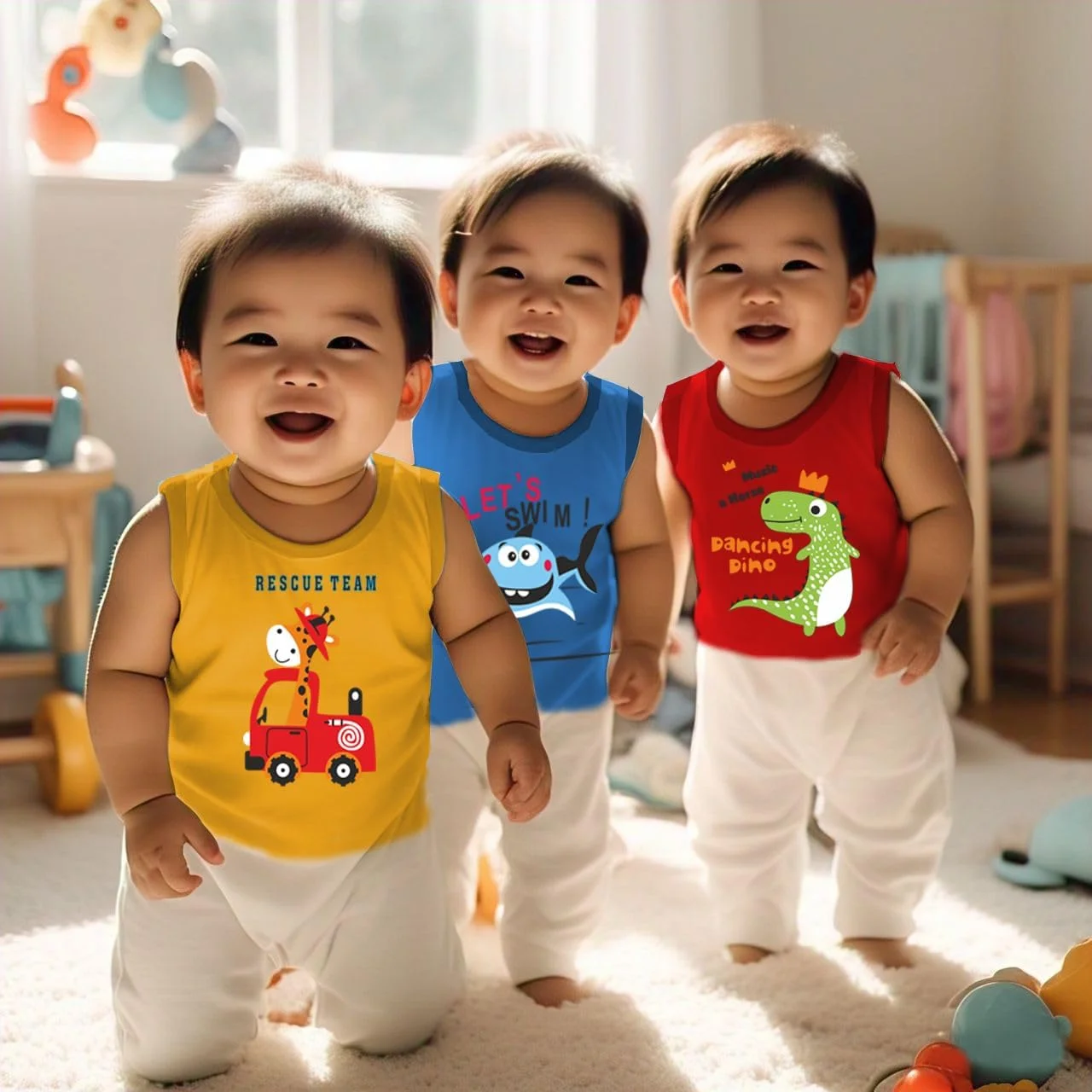 تی‌شرت‌های نخی آستین‌حلقه‌ای پسرانه و دخترانه تودایلون، بسته 3 عددی (6 تا 12 ماهگی)