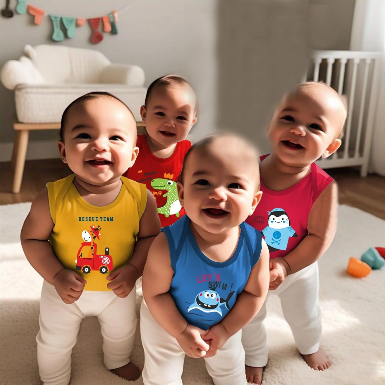 تی‌شرت‌های نخی آستین‌حلقه‌ای پسرانه و دخترانه تودایلون، بسته 3 عددی (6 تا 12 ماهگی)