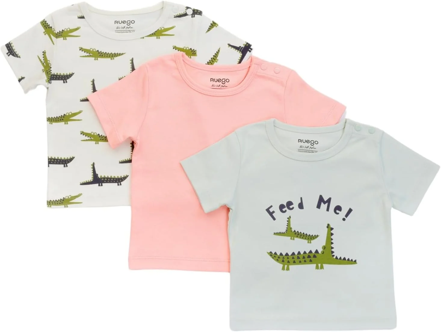 ست تی‌شرت نوزادی پسرانه Nuego، آستین کوتاه، مدل معمولی یقه گرد، طرح حیوانات، مناسب نوزادان 0 تا 24 ماه (سفید، صورتی، سبز) - ست 3 عددی