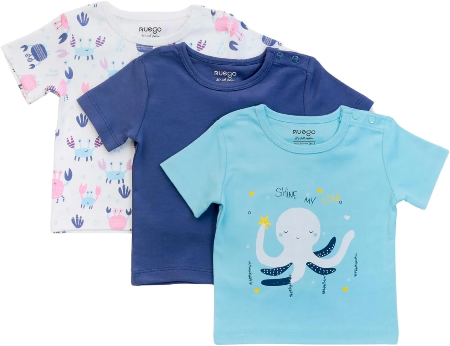 ست سه عددی تی‌شرت نوزادی پسرانه Nuego، آستین کوتاه، یقه گرد، طرح حیوانات مناسب نوزاد 0-24 ماه (سفید، آبی، فیروزه‌ای)