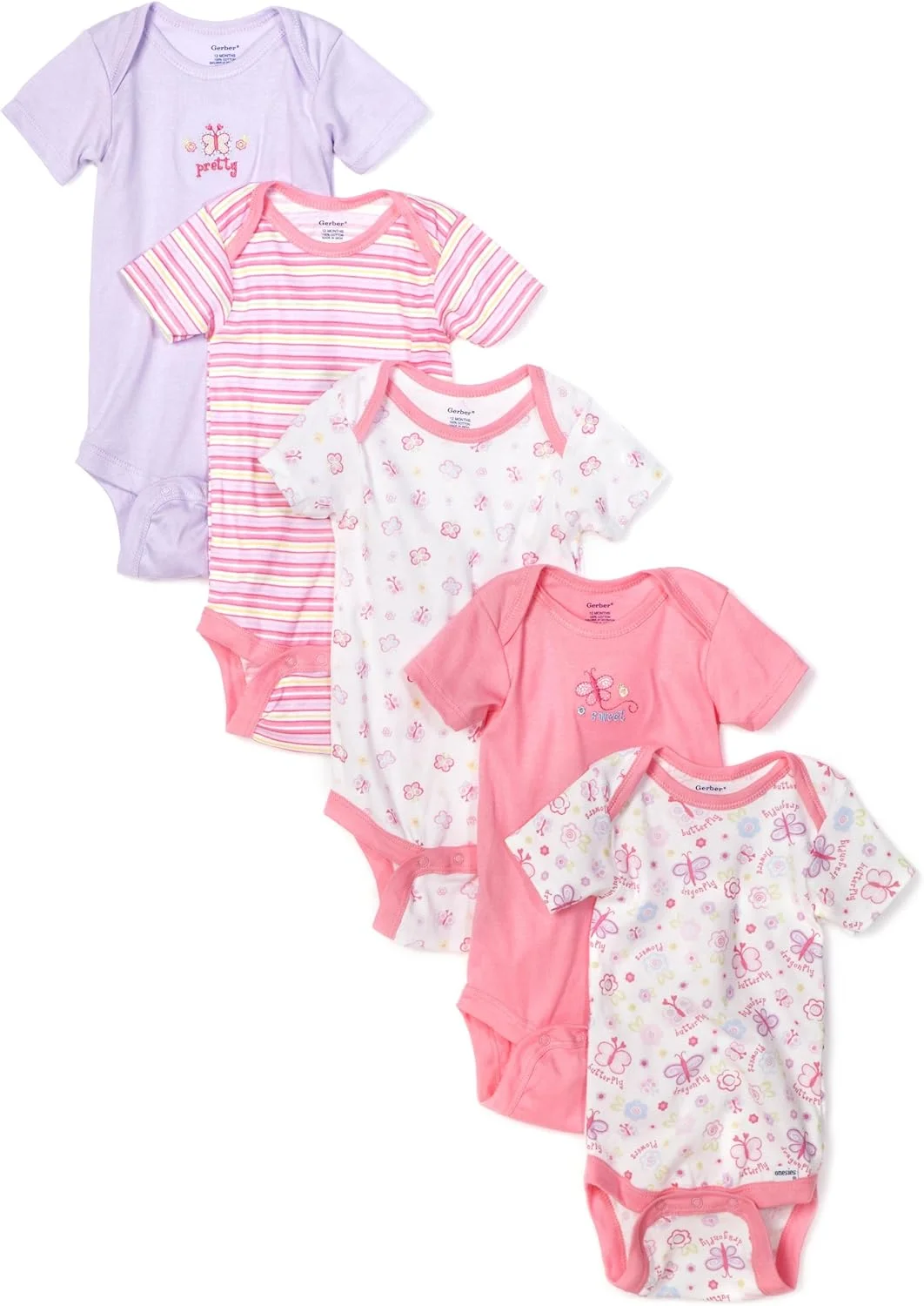 لباس زیر دکمه دار آستین کوتاه نوزاد دختر گربر، بسته 5 عددی