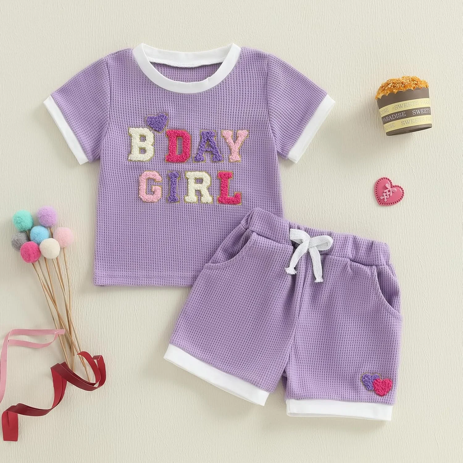 ست لباس تابستانی دخترانه Kayotuas، تیشرت آستین کوتاه با طرح گل سه بعدی و شورت، ست 2 تکه، لباس های زیبای وافل نوزادی