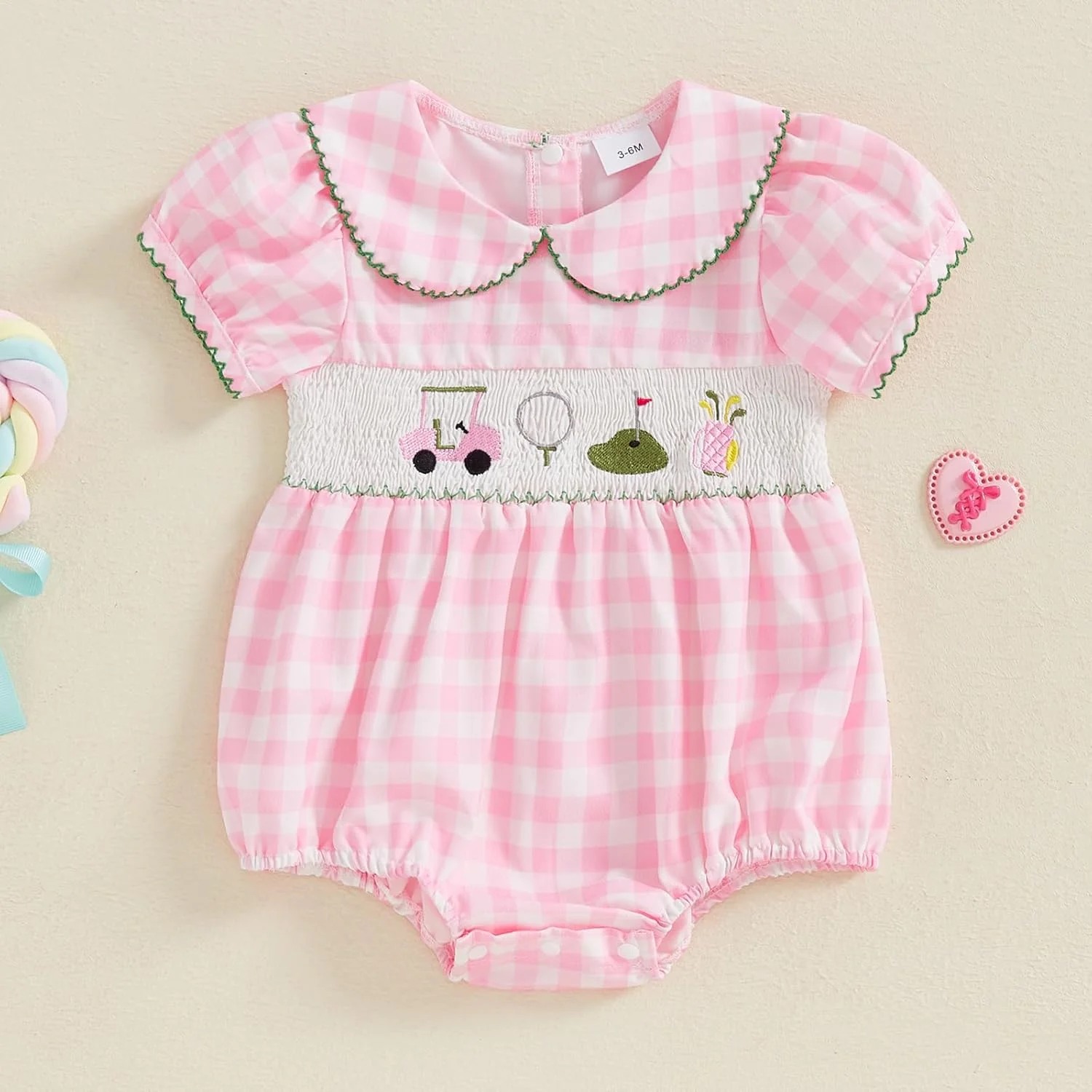 لباس نوزادی دخترانه، رامپر حباب دار آستین پفی گلدوزی شده، مناسب تابستان