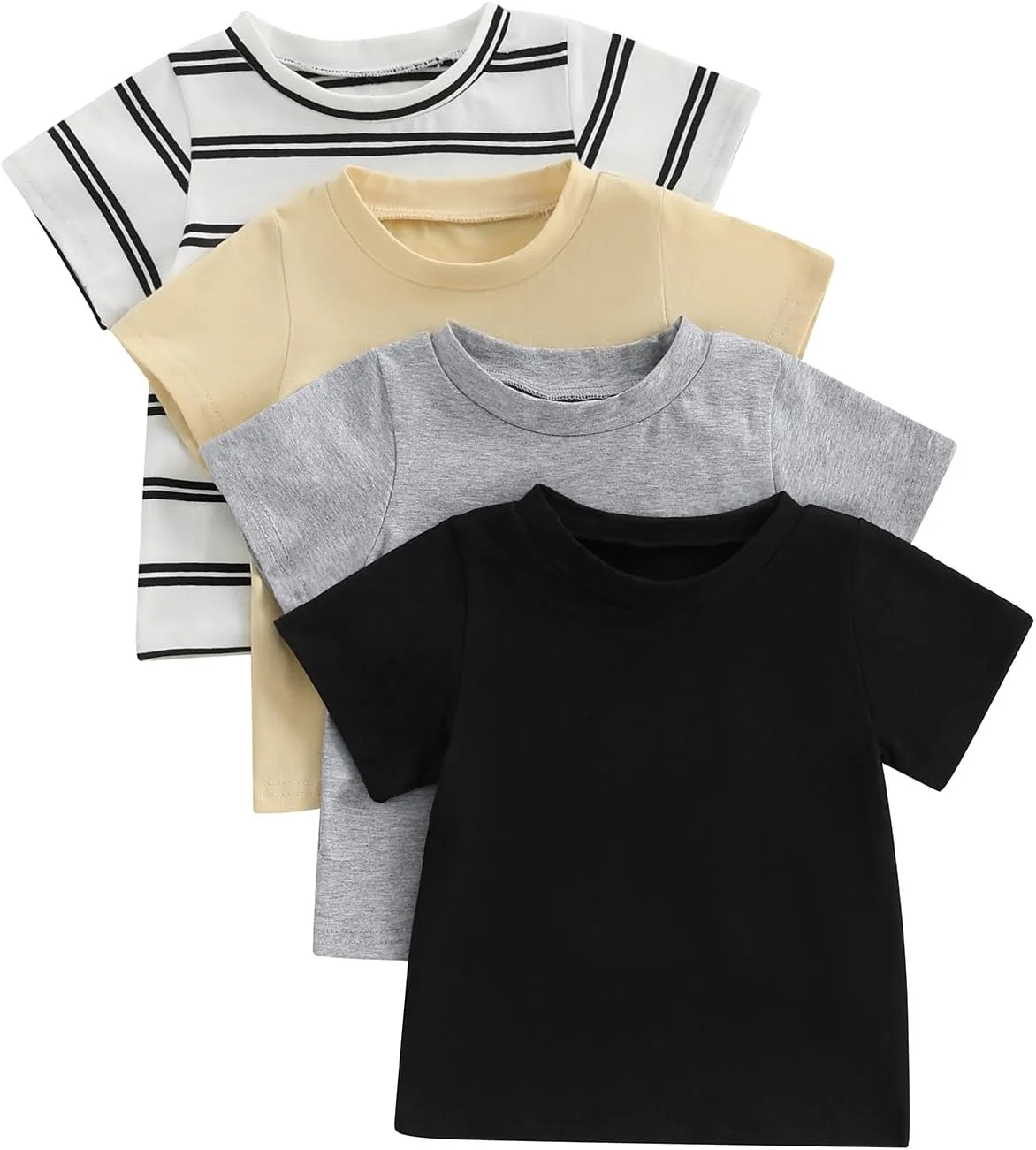 ست 4 عددی تی‌شرت آستین کوتاه یقه گرد نوزادی دخترانه و پسرانه، لباس‌های تابستانی راه‌راه/رنگ ثابت مناسب کودکان 6 ماهه تا 3 ساله