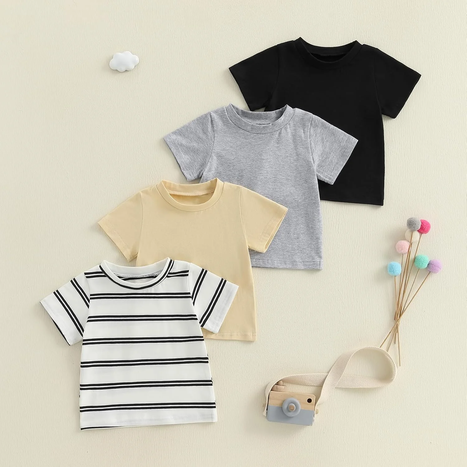 ست 4 عددی تی‌شرت آستین کوتاه یقه گرد نوزادی دخترانه و پسرانه، لباس‌های تابستانی راه‌راه/رنگ ثابت مناسب کودکان 6 ماهه تا 3 ساله