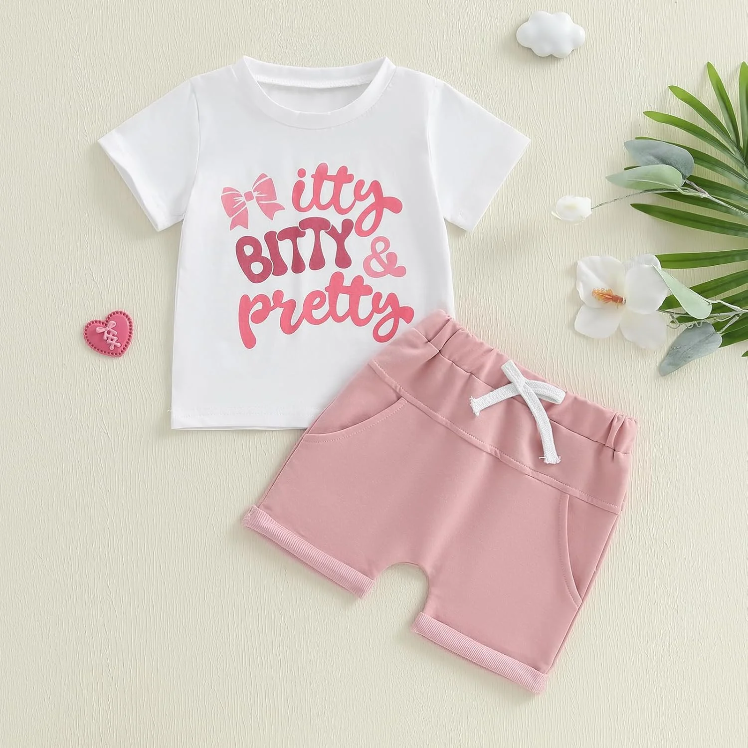 لباس تابستانی دخترانه Hekkomird، تیشرت آستین کوتاه با طرح حروف زیبا و شورت الاستیک، ست لباس تابستانی کودک نوپا