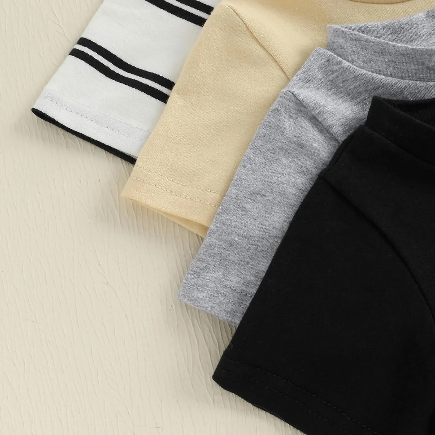 ست 4 عددی تی‌شرت آستین کوتاه یقه گرد نوزادی دخترانه و پسرانه، لباس‌های تابستانی راه‌راه/رنگ ثابت مناسب کودکان 6 ماهه تا 3 ساله