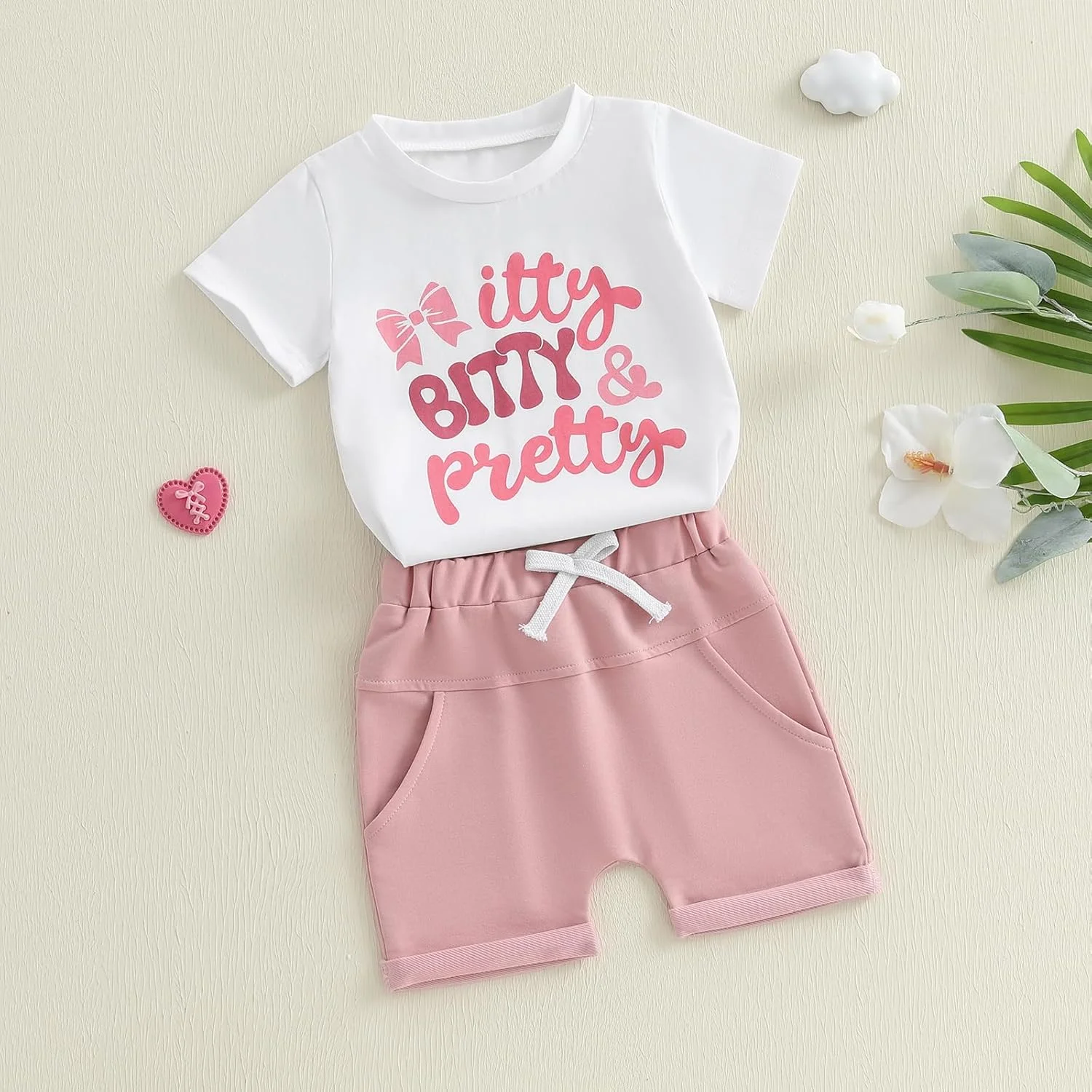 لباس تابستانی دخترانه Hekkomird، تیشرت آستین کوتاه با طرح حروف زیبا و شورت الاستیک، ست لباس تابستانی کودک نوپا