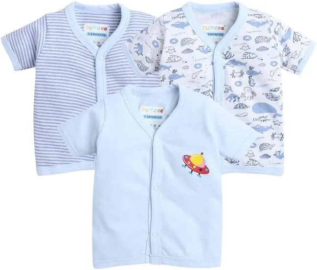 بسته ۳ عددی بلوز جلو باز آستین کوتاه دخترانه بامزی، آبی و سفید 8214، سایز ۳ تا ۶ ماه