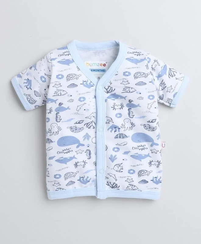 بسته ۳ عددی بلوز جلو باز آستین کوتاه دخترانه بامزی، آبی و سفید 8214، سایز ۳ تا ۶ ماه