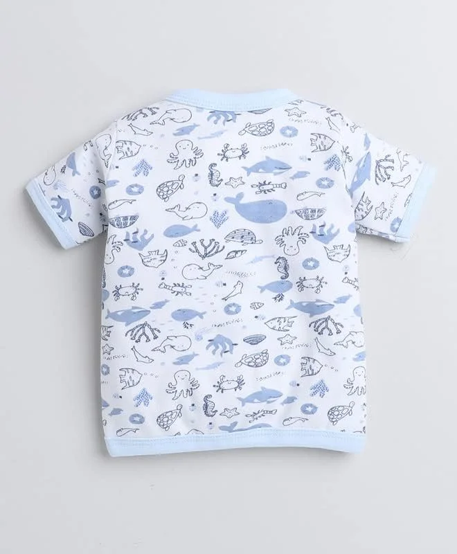 بسته ۳ عددی بلوز جلو باز آستین کوتاه دخترانه بامزی، آبی و سفید 8214، سایز ۳ تا ۶ ماه