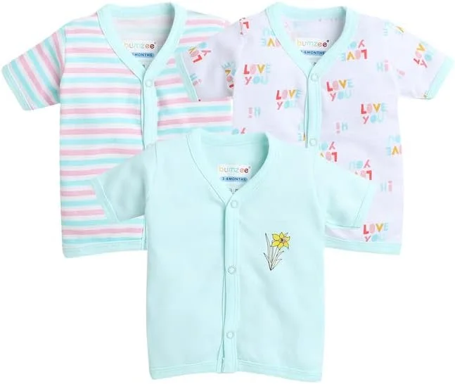 بسته ۳ عددی لباس نوزادی دخترانه آستین کوتاه جلو باز بامزی، سبز و سفید ۸۲۱۲، سایز ۳ تا ۶ ماه
