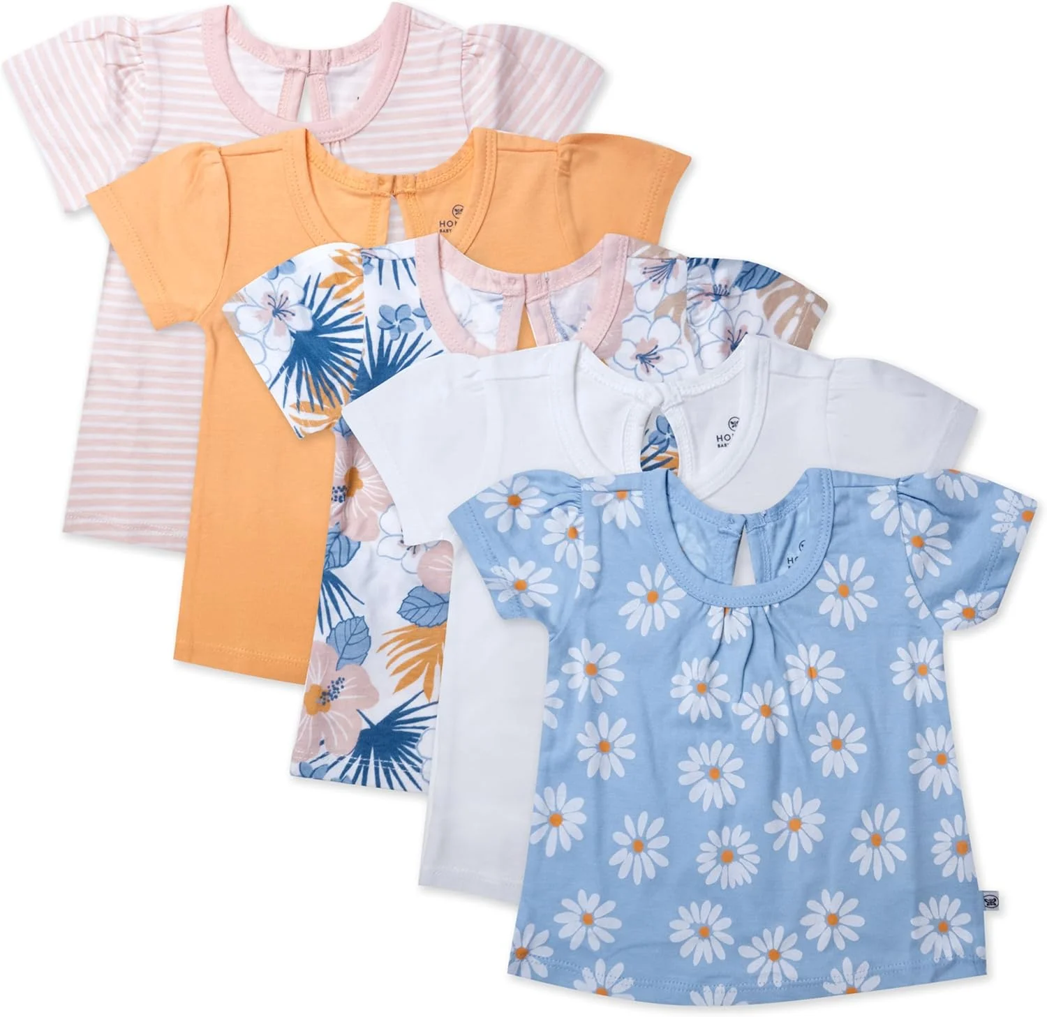 تی‌شرت آستین پفی HonestBaby، بسته‌ی 5 عددی، 100% پنبه ارگانیک، مناسب نوزاد، نوپا، کودک خردسال، دخترانه