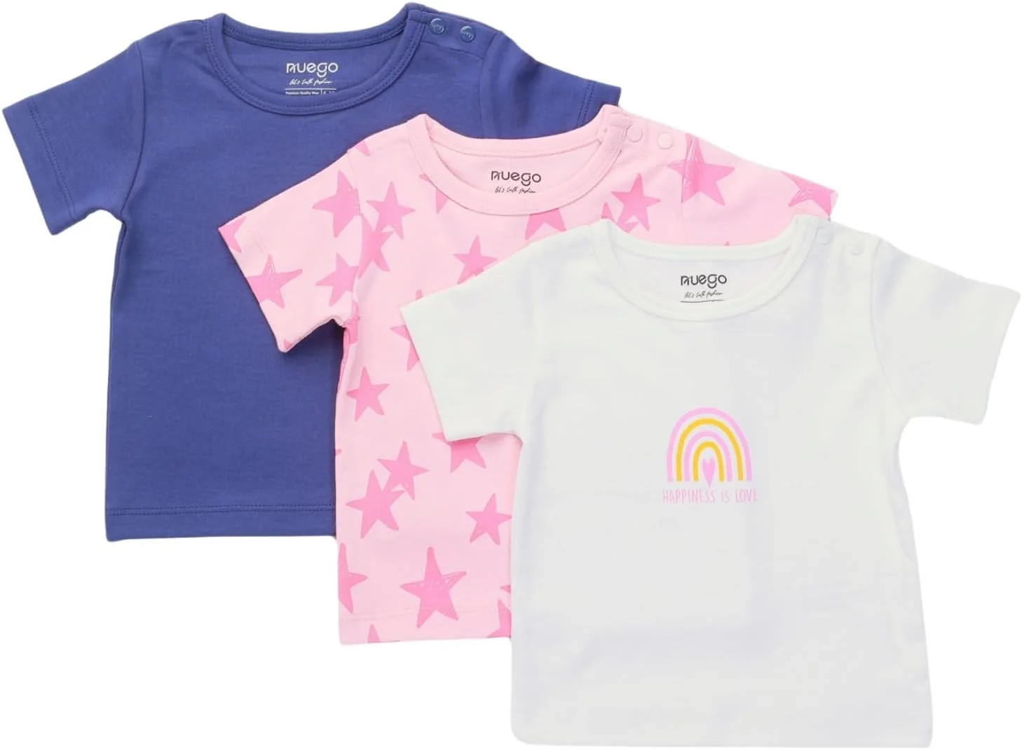 ست سه تایی تی‌شرت نخی دخترانه نوزادی Nuego، آستین کوتاه، یقه گرد، طرح چاپی ستاره ای برای نوزادان دختر 0-24 ماه (آبی، صورتی، سفید)