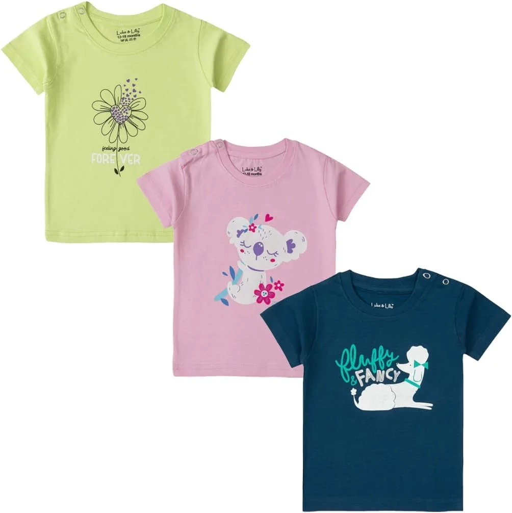 تی‌شرت آستین کوتاه نخی طرح‌دار دخترانه لوک اند لیلی، بسته‌ی 3 عددی، 6 تا 24 ماه