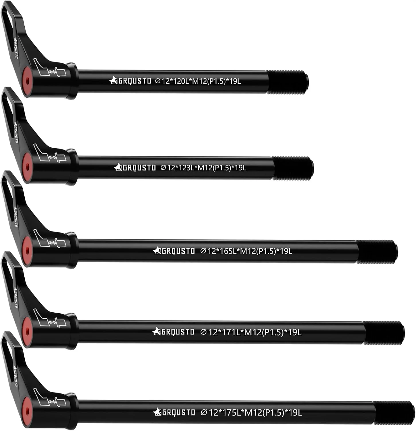 محورهای جلو و عقب رهاسازی سریع با رزوه 1.5 میلی‌متری برای دوشاخ‌های تعلیق دوچرخه، دوشاخ‌های صلب و قاب عقب دوچرخه، دسته چرخان آزاد محور دوچرخه جاده کوهستانی: 12 میلی‌متر x 120 میلی‌متر تا 175 میلی‌متر شامل 5 سایز